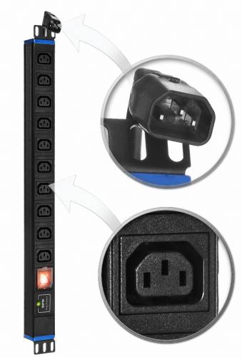 10GN-UPS - pionowa listwa zasilająca z włącznikiem oraz wtykiem IEC C14 (UPS) i zabezpieczeniem przeciwprzepięciowym (SPD) - 10 gniazd C13