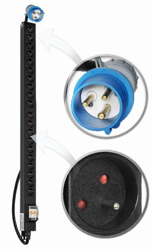 20GN-E-IEC60309-2WO - pionowa listwa zasilająca z automatycznym zabezpieczeniem P2 oraz wtykiem IEC 60309 - 20 gniazd EURO