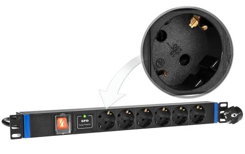 6GN-P - listwa zasilająca 19" z włącznikiem oraz zabezpieczeniem przeciwprzepięciowym (SPD) - 6 gniazd SCHUKO