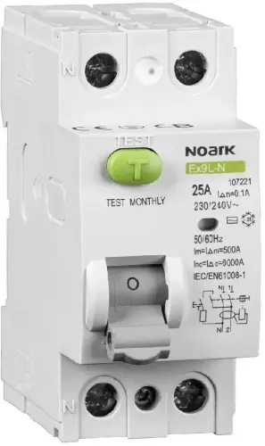 WYŁĄCZNIK RÓŻNICOWOPRĄDOWY, 6 KA, 25A, 30MA, 2P TYP AC EX9L-N Noark 108314