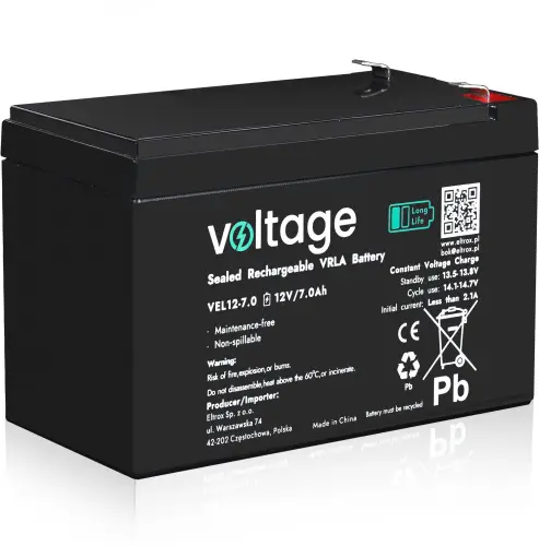 Akumulator AGM Voltage Long Life 12V 7Ah VEL12-7.0 (Żywotność 15 lat)