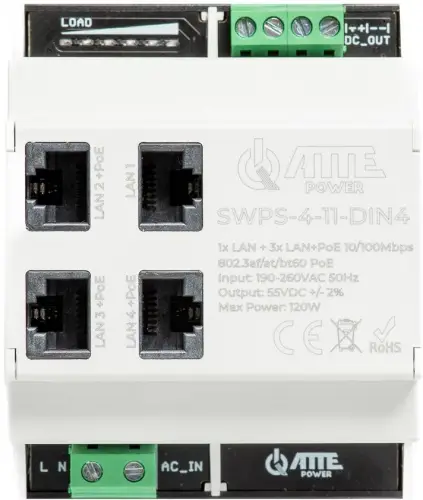 Switch PoE 4 portowy z wbudowanym zasilaczem na szynę TH35 ATTE SWPS-4-11-DIN4