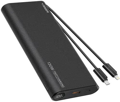 Powerbank Veger 25000 mAh 130 W PD QC 3.0 USB-A USB-C czarny z kablami USB-C i Lightning