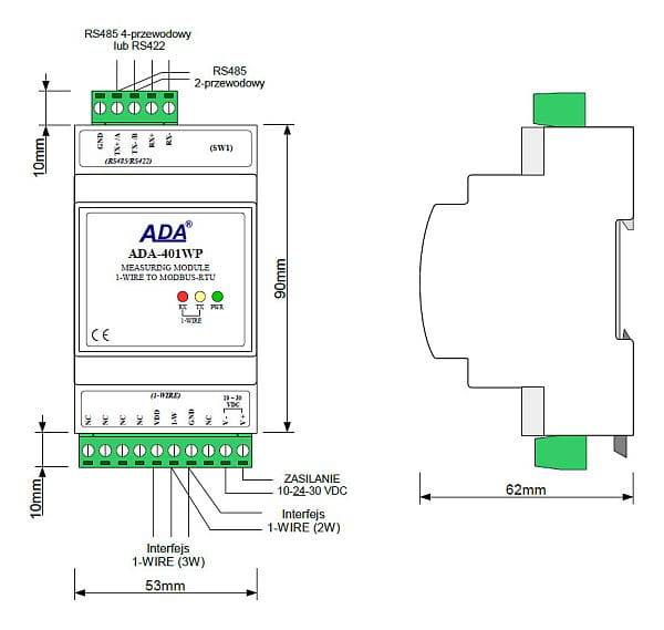 Moduł pomiarowy ADA-401WP 1-WIRE na MODBUS-RTU - Wymiary i schemat ogólny